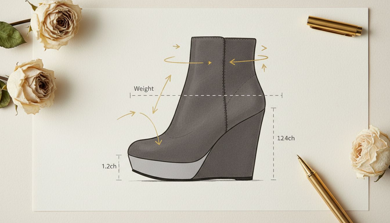 Схематичное изображение ботильона, показывающее, как скрытая платформа в передней части стопы компенсирует высоту клина, делая обувь более удобной.