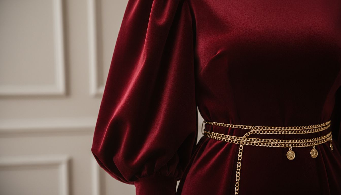 Крупный план на платье из темно-красного бархата с объемным рукавом-фонариком, украшенное золотым поясом-цепью.
