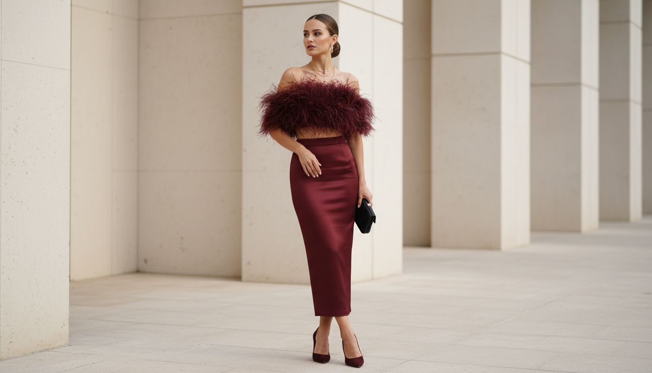 Элегантная женщина в длинной юбке-карандаше из винного атласа, скомбинированной с укороченным топом, украшенным перьями.