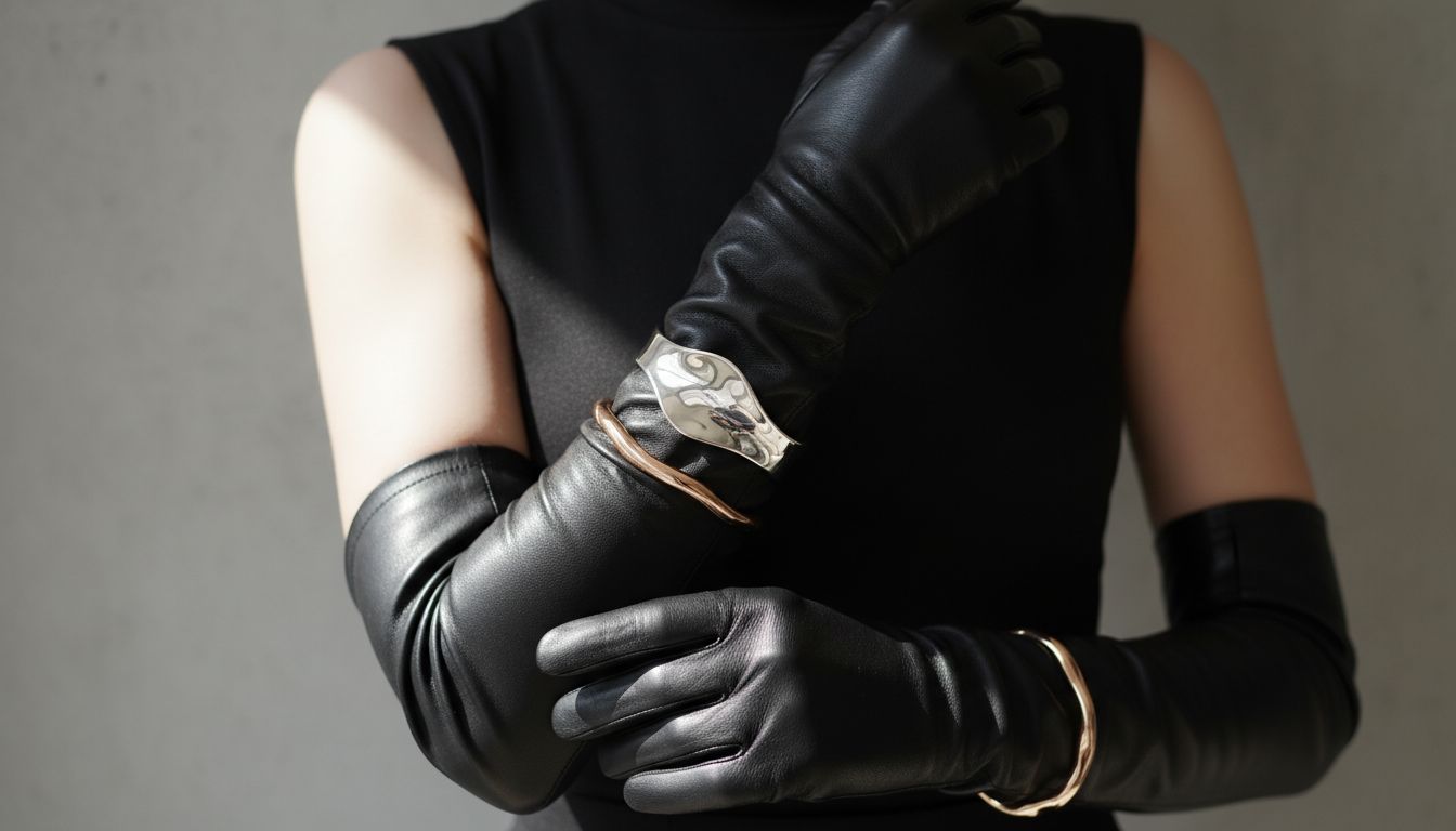 Женщина в длинных черных кожаных оперных перчатках, поверх которых надеты два асимметричных каффа из полированного металла.