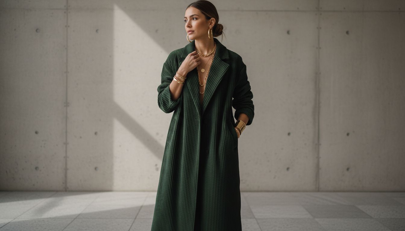 Женщина в длинном вельветовом пальто в крупный рубчик цвета мха, сочетающая его с золотыми украшениями.