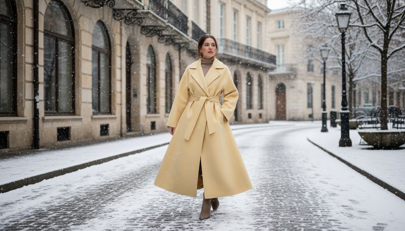 Женщина в длинном шерстяном пальто Pale Butter Yellow с широким поясом, идущая по заснеженной улице.