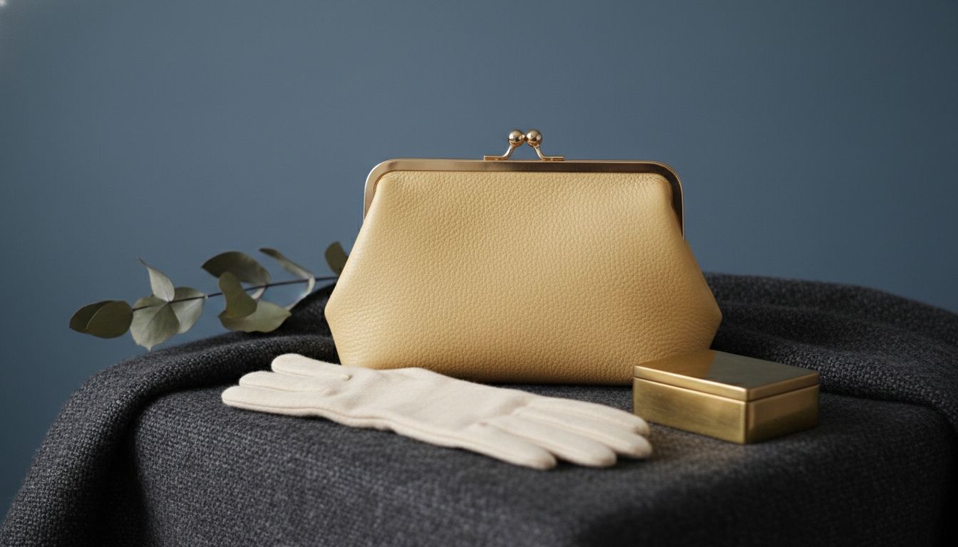 Натюрморт с кожаной сумкой-минодьером Pale Butter Yellow и кашемировыми перчатками на фоне темного шерстяного пледа.