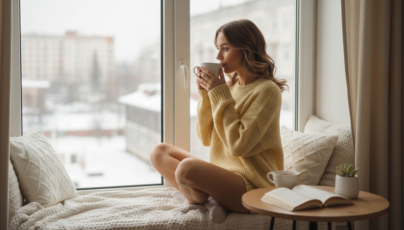 Девушка в уютном, свободном свитере Pale Butter Yellow, пьет кофе, сидя у окна, с мягким зимним светом на лице.