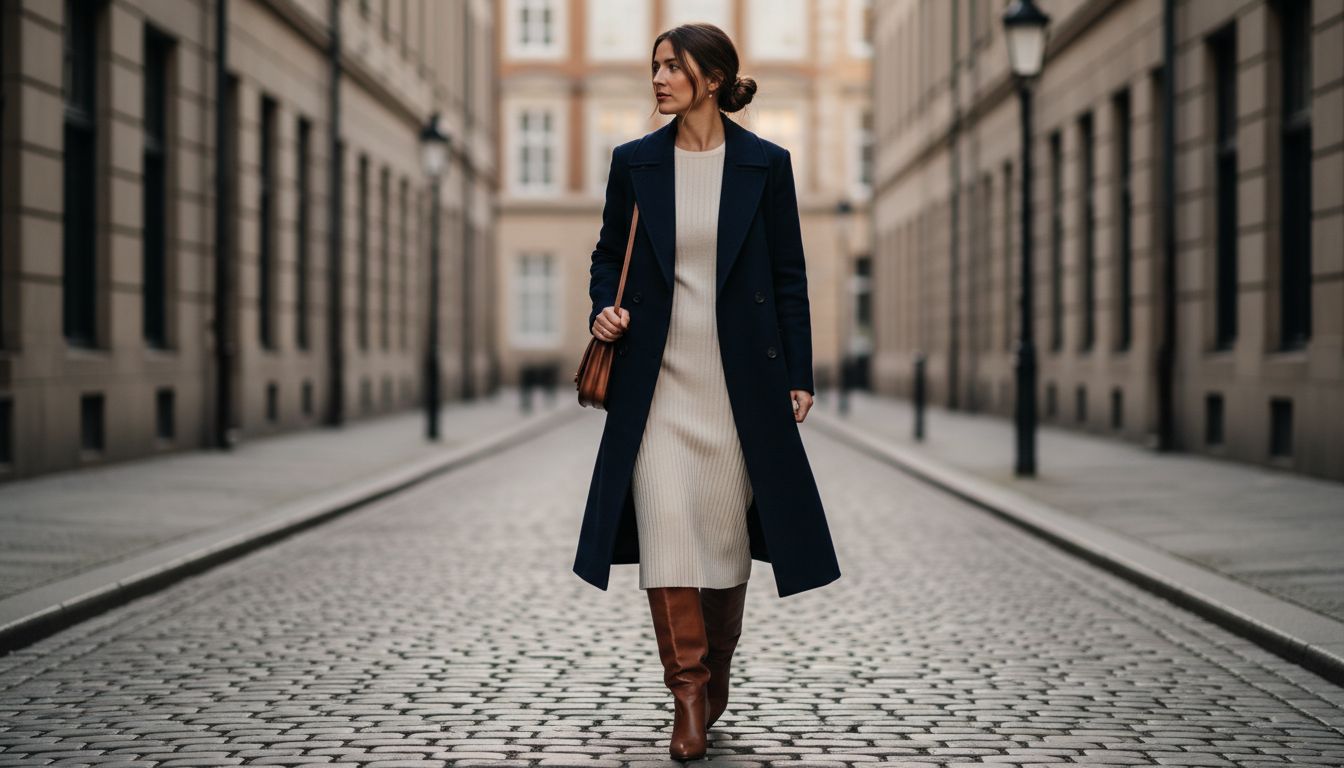 Стилизованный образ: удлиненный бушлат, надетый поверх тонкого трикотажного платья-миди в рубчик, дополненный высокими, чуть присборенными сапогами.