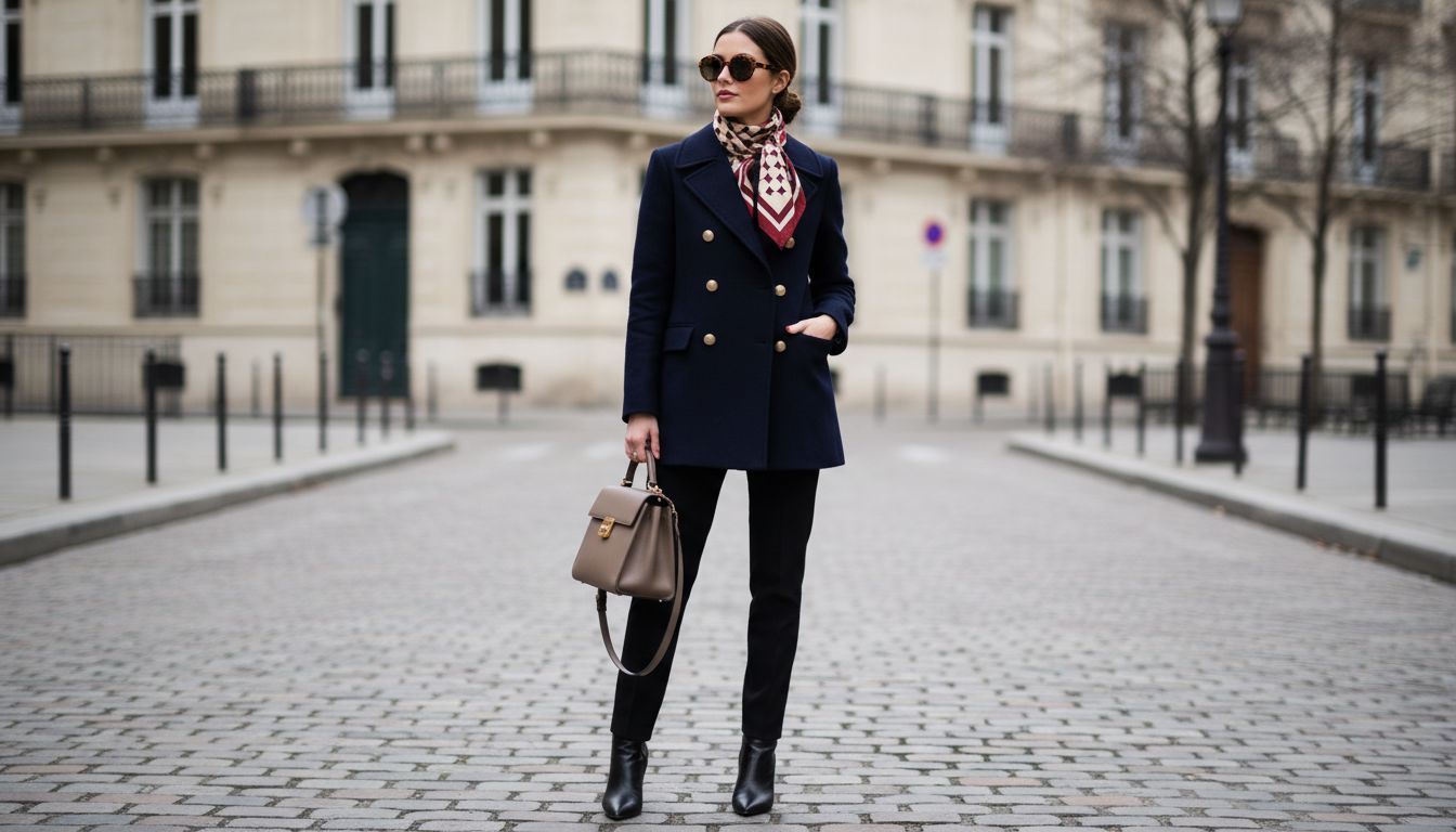 Женщина в двубортном бушлате цвета navy, с платком, завязанным на шее, и солнцезащитными очками, демонстрирующая классическую, но обновленную стилизацию.