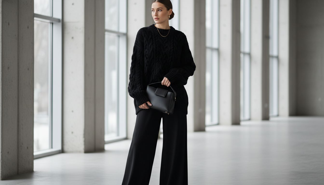 Женщина в черном гипертрофированном свитере с косами и широких брюках-палаццо, держащая в руках структурированную сумку.