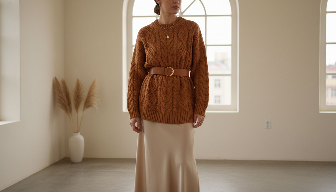 Женщина в гипертрофированном свитере с косами цвета карамели, застегнутом на талии широким кожаным ремнем поверх атласной юбки.