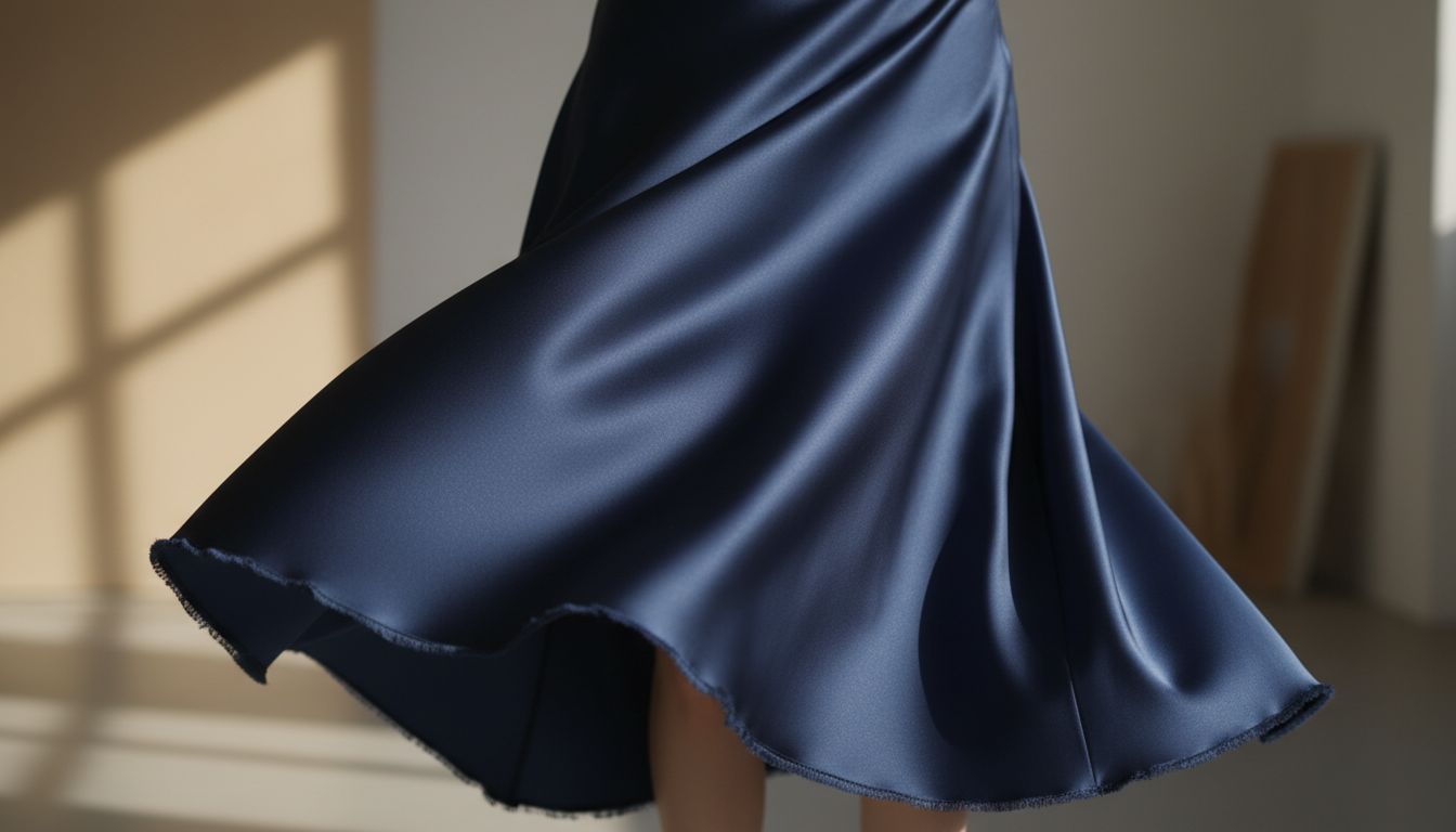 Крупный план юбки-миди из темно-синего атласа с неровным подолом, демонстрирующий, как ткань струится и играет светом.