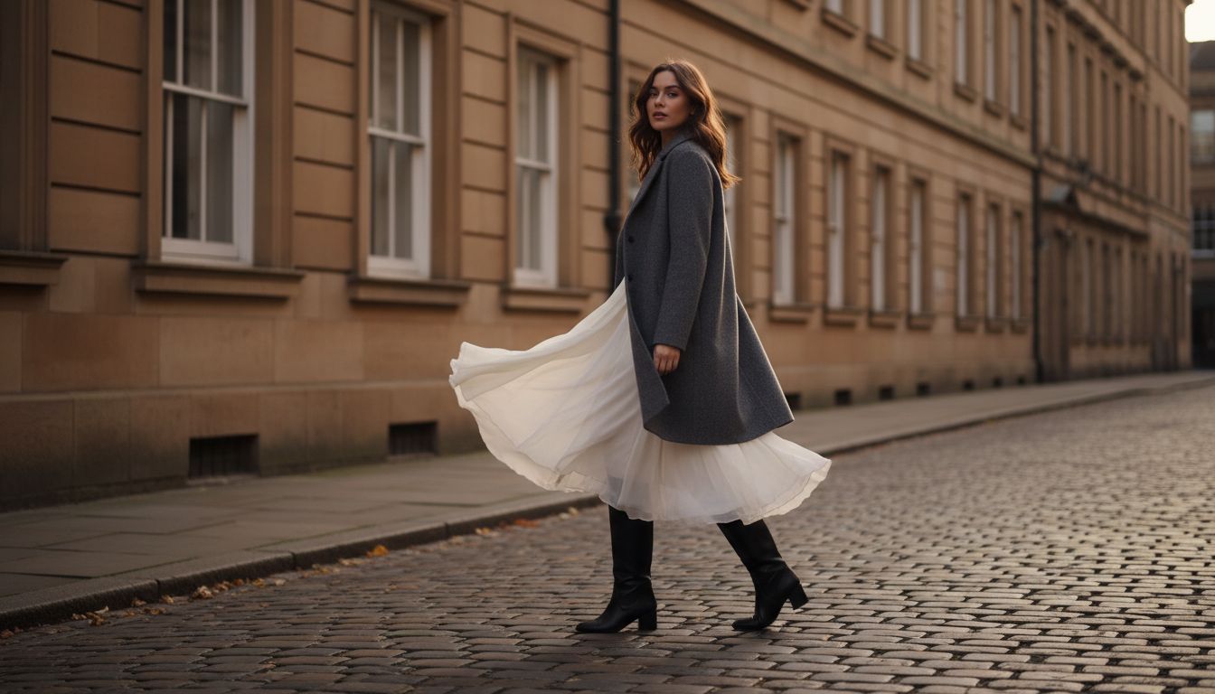 Девушка, идущая по улице, демонстрирует, как подол-платок из светлого шифона развевается на ветру, в сочетании с черными кожаными ботфортами и кашемировым пальто.