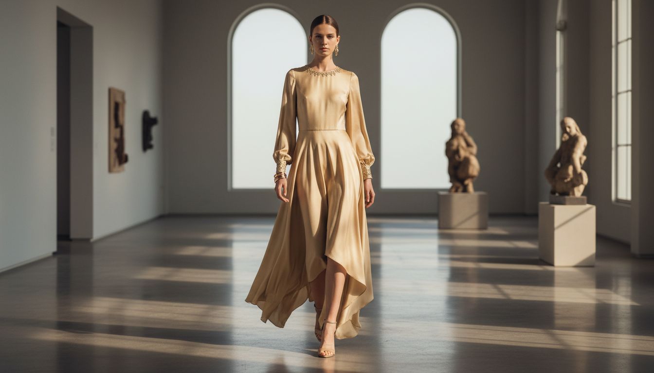 Элегантное вечернее платье с асимметричным подолом-платок, выполненное в оттенке античного золота, с длинными рукавами и минималистичными украшениями.