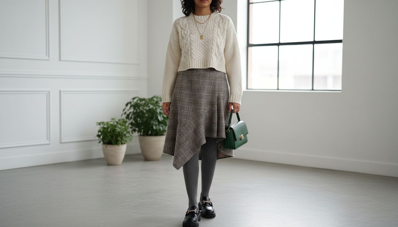 Стильный look, где юбка с подолом-платок из шерстяного твида сочетается с плотными колготками, лоферами на платформе и укороченным свитером крупной вязки.