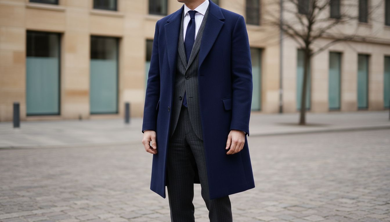 Пальто из плотной шерсти Deep Prussian Blue, надетое поверх костюма-двойки в тонкую серую полоску. Акцент на строгости силуэта.