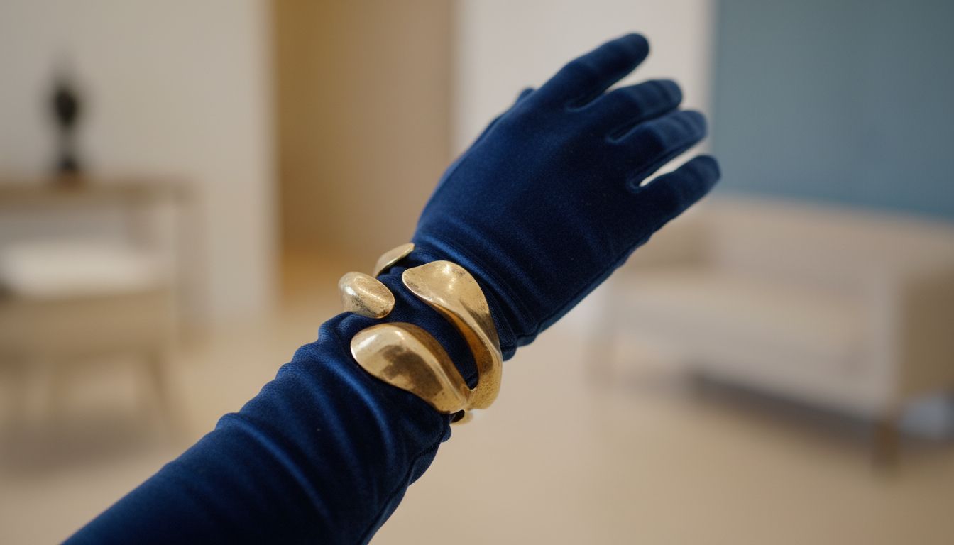 Крупный план: рука в оперной перчатке Deep Prussian Blue, украшенная массивным браслетом из матового античного золота.