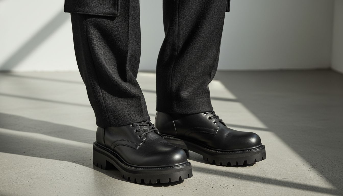 Крупный план, демонстрирующий сочетание черных шерстяных брюк с карманами карго и массивных ботинок на толстой рифленой подошве.