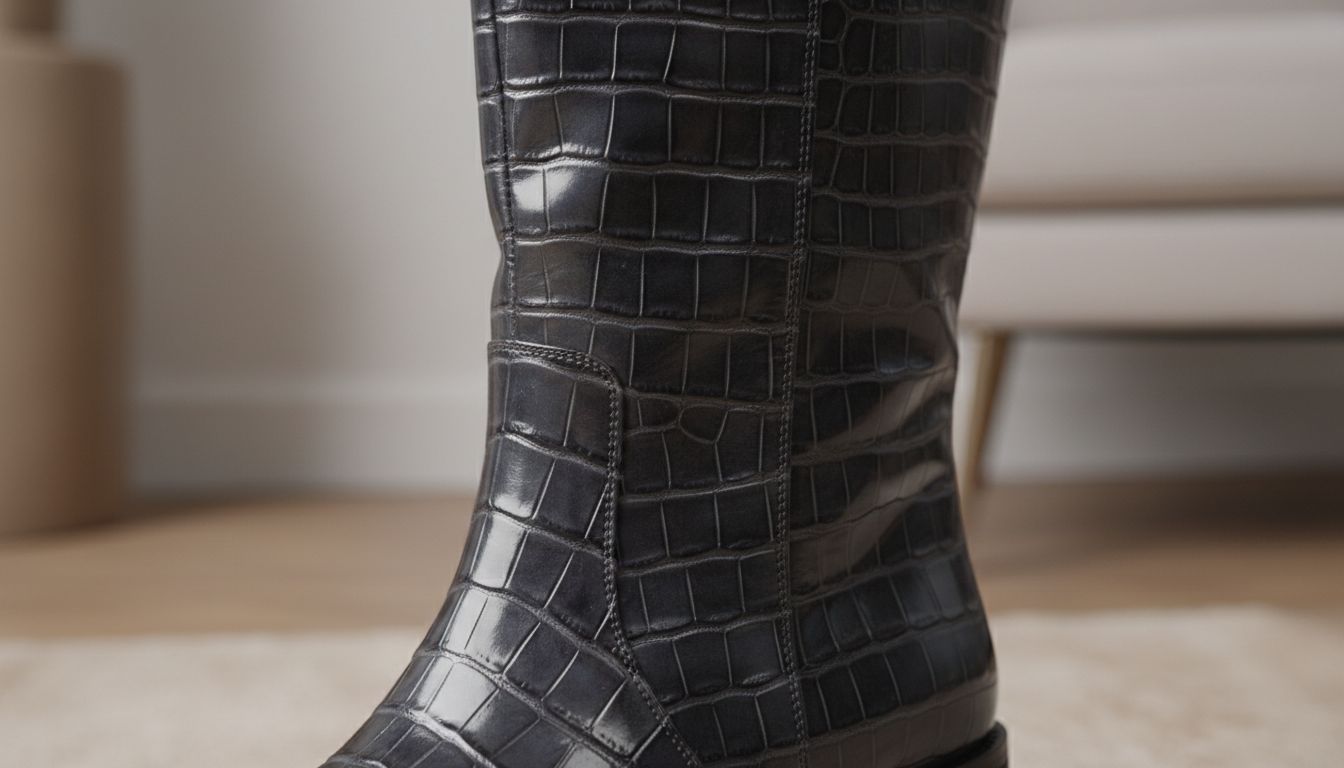 Крупный план голенища структурированных сапог под крокодила, демонстрирующий глубокий рельеф и глянцевый блеск кожи.