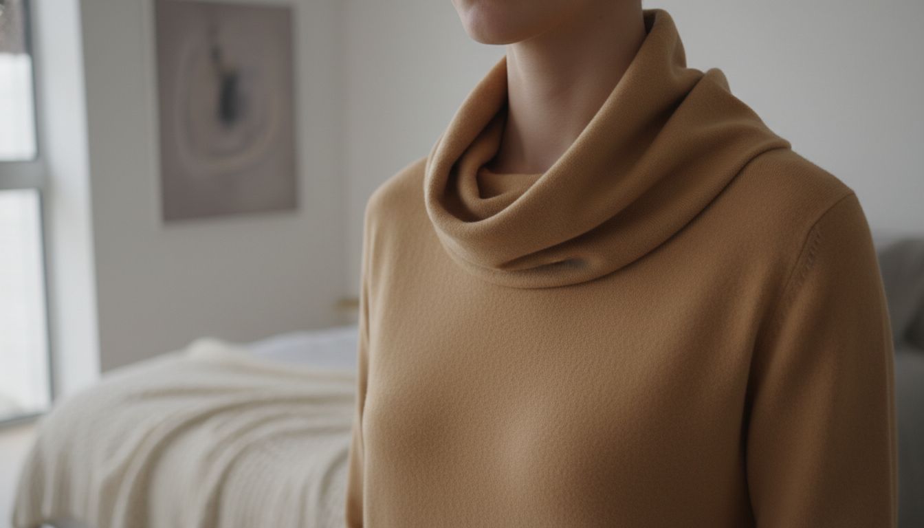 Крупный план воротника-капюшона на кашемировом топе цвета Camel, демонстрирующий чистоту линий и отсутствие швов.