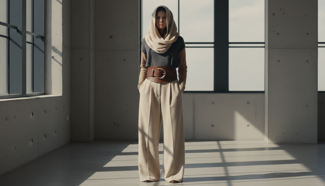 Женщина в кашемировом свитере с капюшоном, надетым на голову, в сочетании с широкими шерстяными брюками в пол и скульптурным кожаным ремнем на талии.