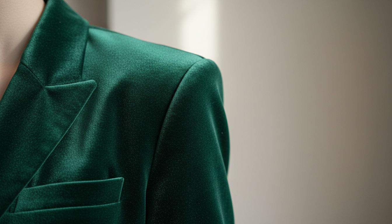 Крупный план изумрудного бархатного жакета с архитектурным плечом, демонстрирующий игру света на ворсе.