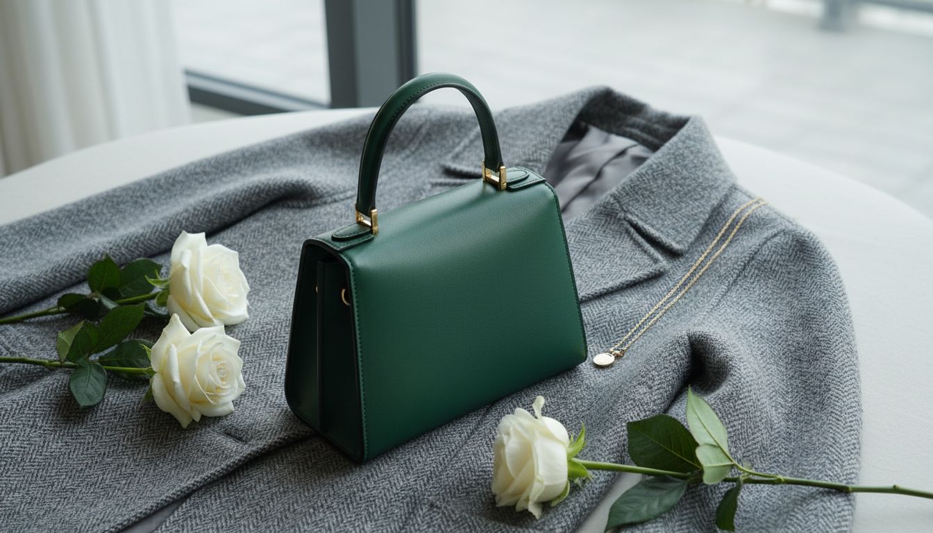 Стилизованный натюрморт: элегантная изумрудная сумка с короткой ручкой на фоне серого кашемирового пальто.