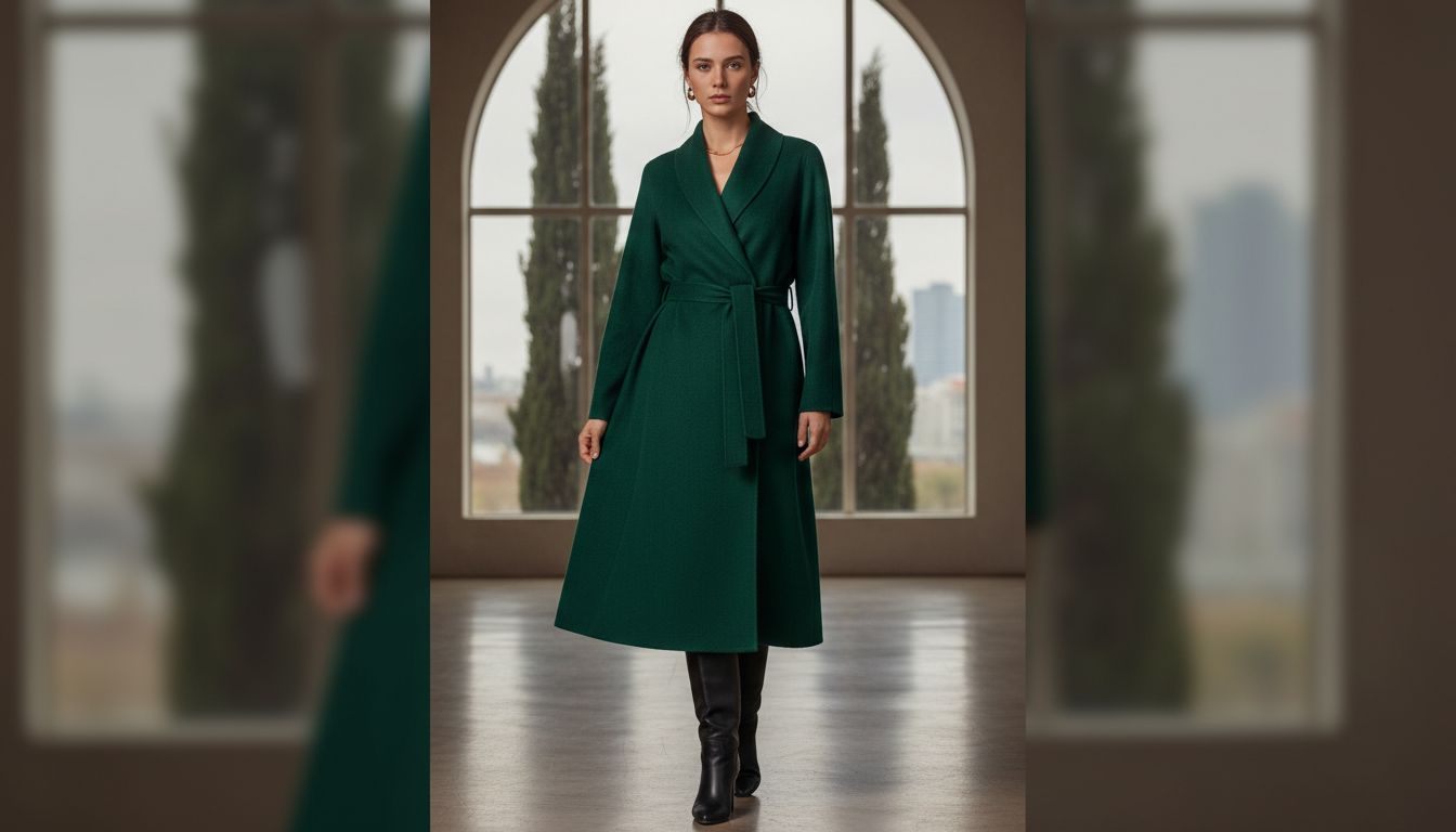 Модель в изумрудном пальто-халате из кашемира, затянутом на талии, и высоких кожаных сапогах.