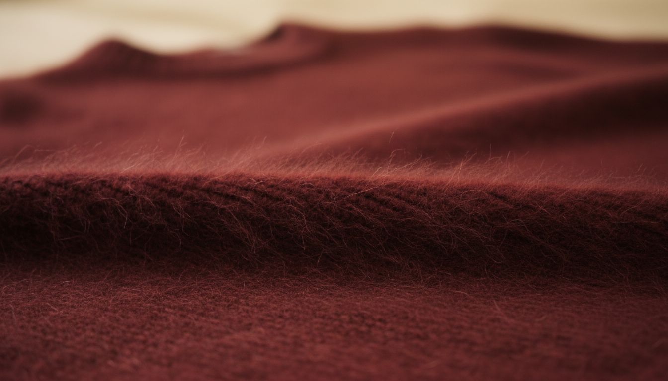 Крупный план свитера из пушистой альпаки глубокого бордового цвета, показывающий длинный ворс и мягкую фактуру.