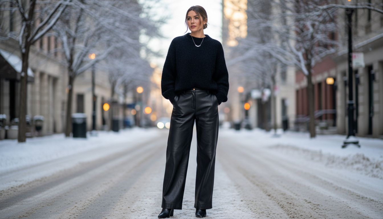 Женщина в черном оверсайз свитере из ворсистого трикотажа и широких черных кожаных брюках, стоящая на фоне городской зимней улицы.
