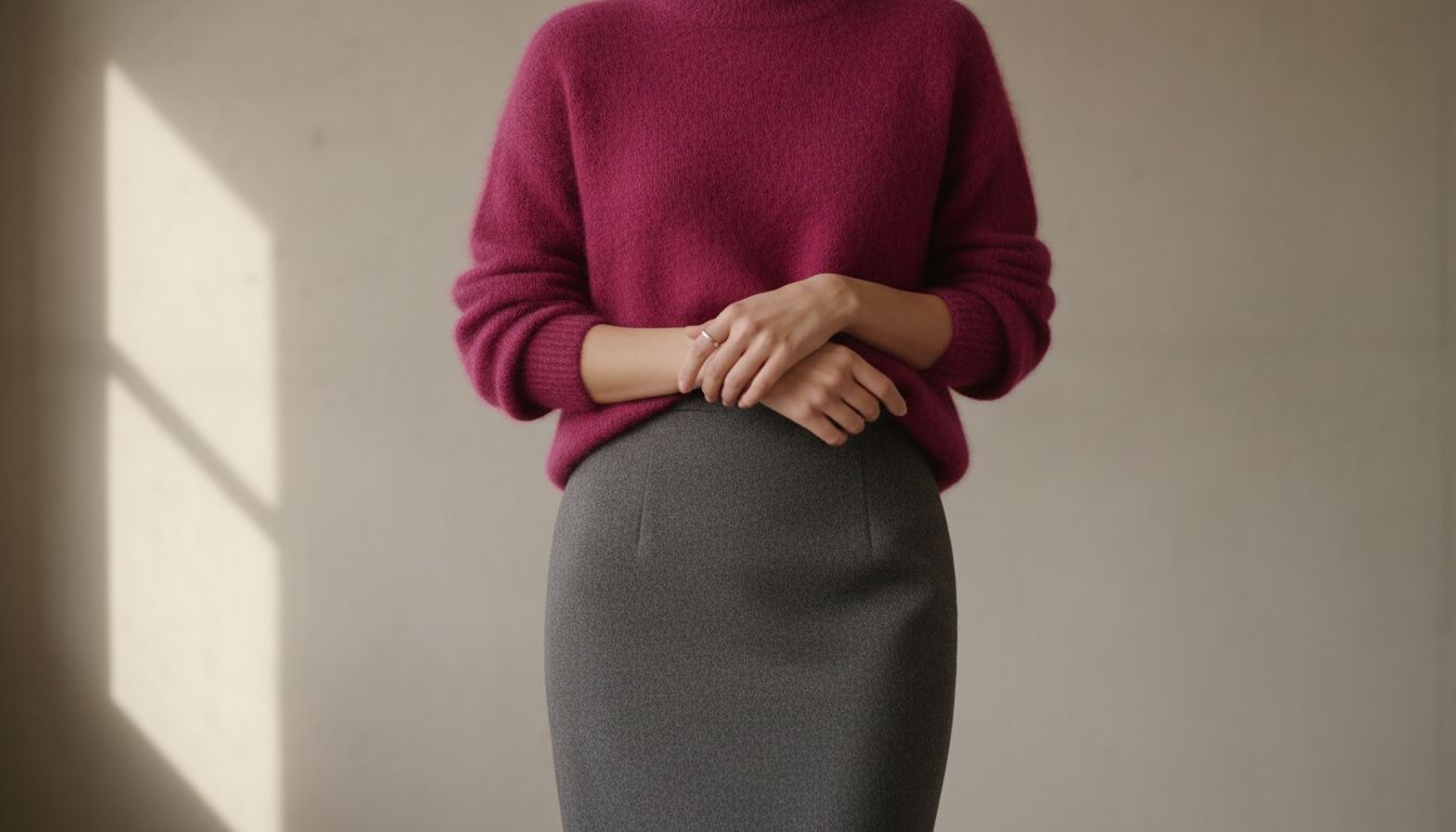 Стилизованный образ: пушистый свитер из мохера цвета фуксии, заправленный в строгую юбку-карандаш из плотной серой шерсти.