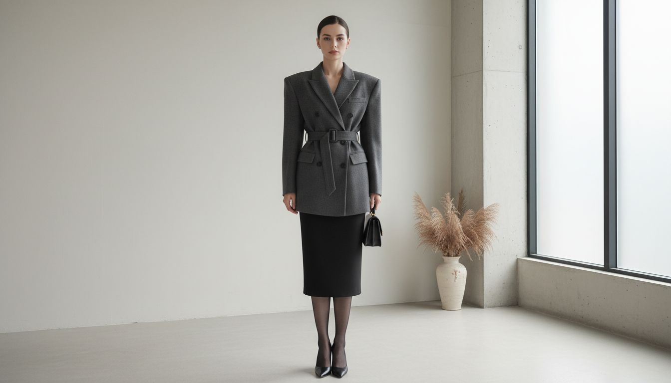 Модель в удлиненном двубортном жакете с гипертрофированными плечами и юбке-карандаш, демонстрирующая идеальную пропорцию перевернутого треугольника.
