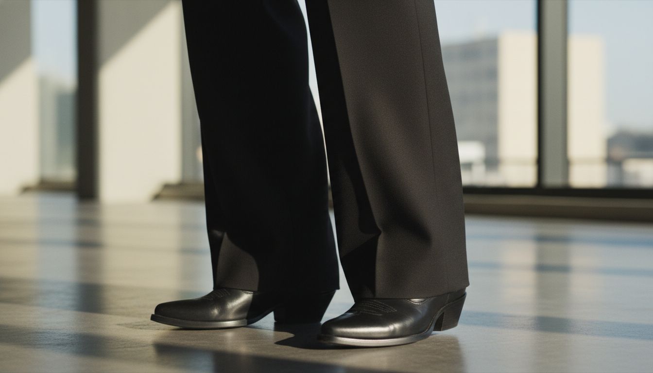 Крупный план острых носов черных вестерн-ботильонов, выглядывающих из-под широких брюк.