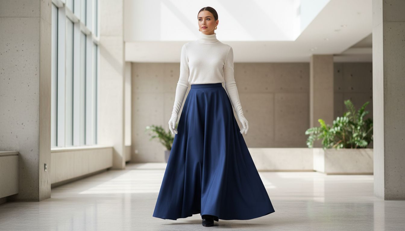 Девушка в юбке-макси из плотного синего фаиля и белой тонкой кашемировой водолазке, образ дополнен длинными оперными перчатками.