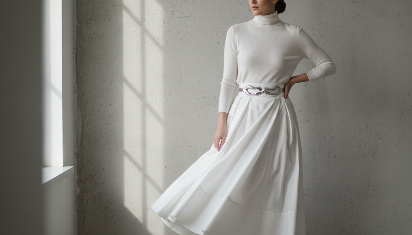 Образ в монохроме: юбка из белой тафты и белый тонкий кашемировый свитер, дополненный металлическим скульптурным поясом.