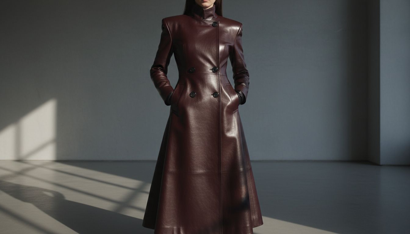 Строгий кожаный плащ оттенка Черной Вишни, с акцентом на глянцевой текстуре и архитектурном крое.
