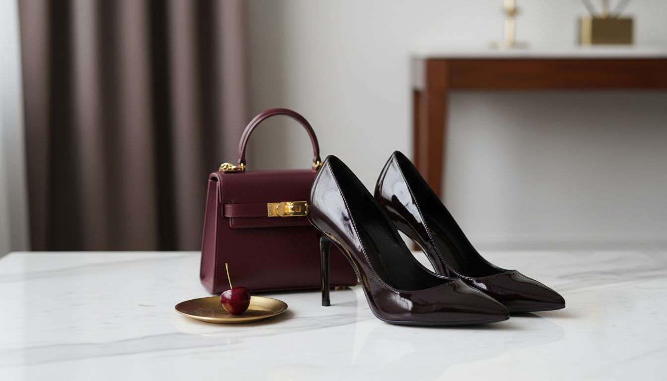 Аксессуары в оттенке Черная Вишня: остроносые туфли из лакированной кожи и небольшая структурированная сумка с золотой фурнитурой.