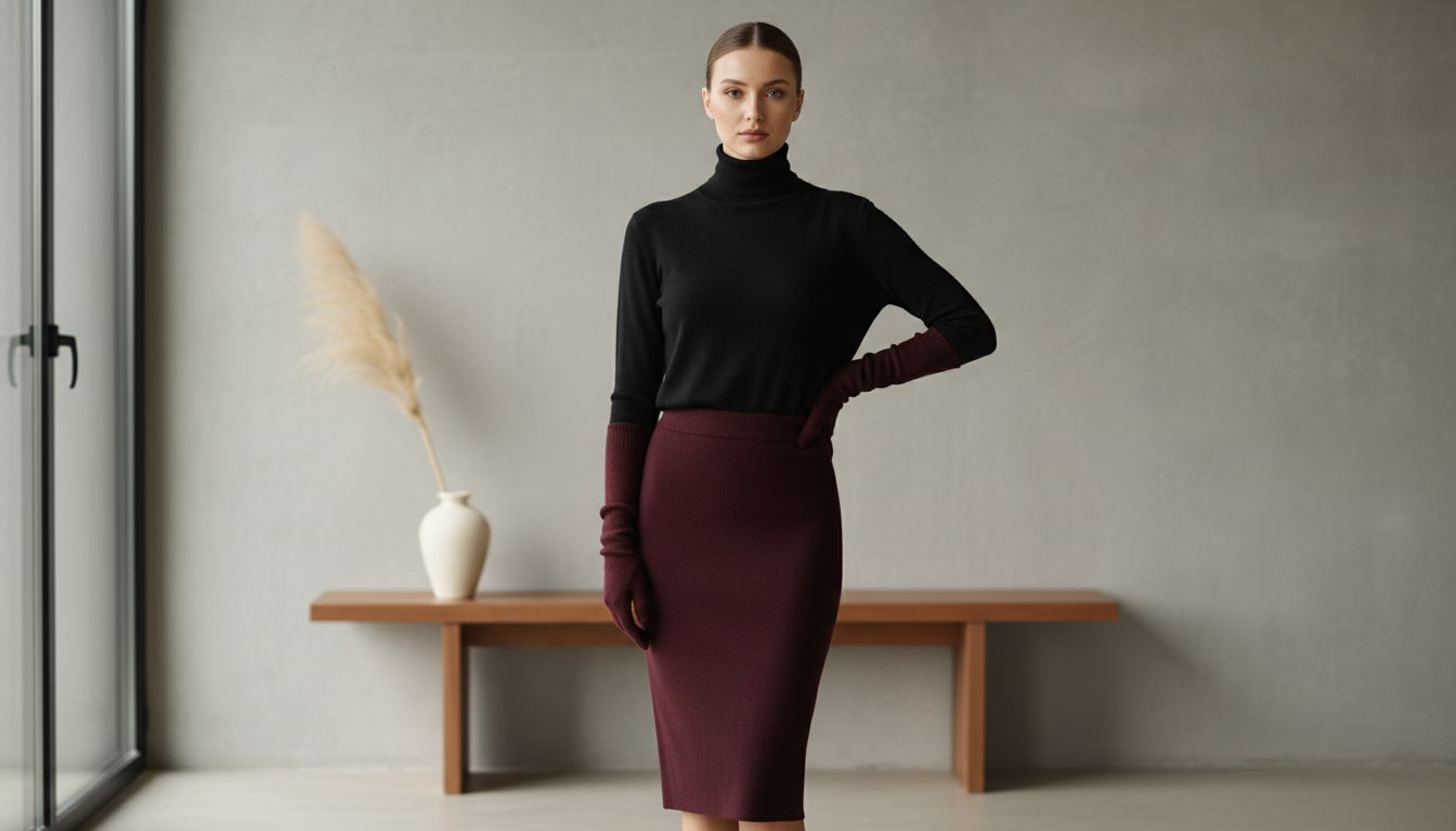 Стилизация трикотажной юбки-карандаш в оттенке «Черная Вишня» с водолазкой и длинными перчатками.