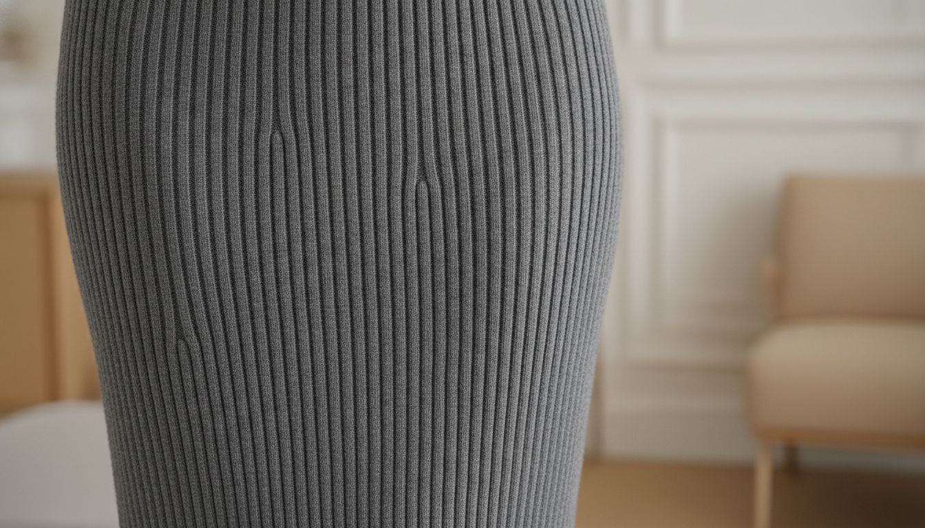 Крупный план текстуры плотной трикотажной юбки-карандаш с вертикальным рубчиком, демонстрирующей ее скульптурный эффект.