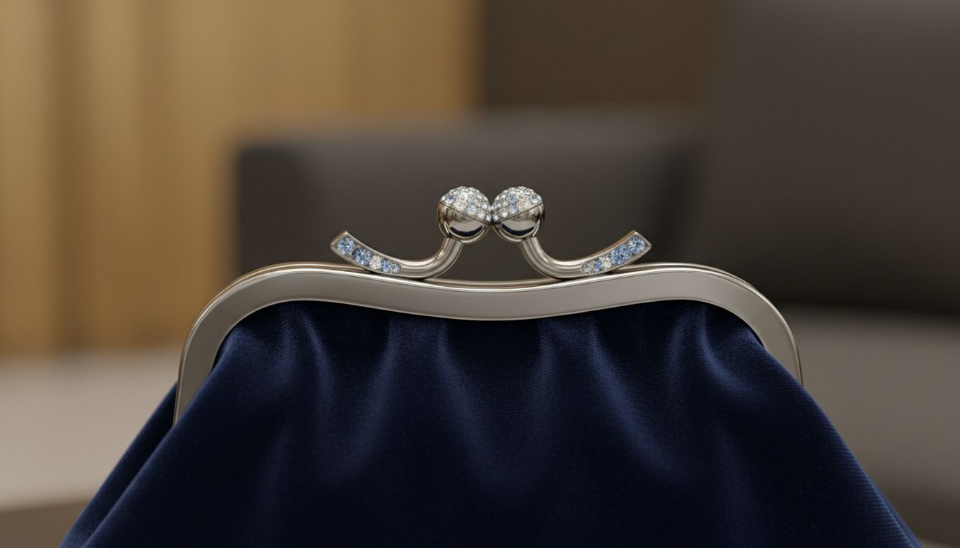 Крупный план металлического замка-поцелуя, украшенного мелкими кристаллами, на бархатной вечерней сумке.