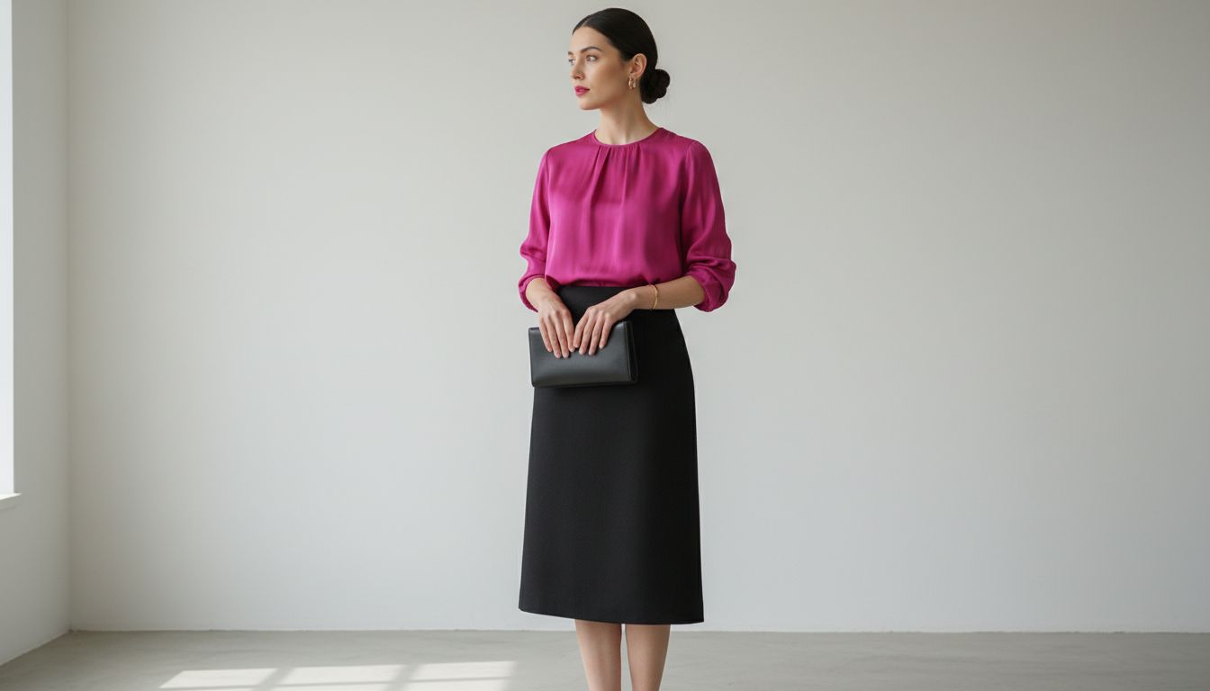 Девушка в строгой черной миди-юбке из войлочной шерсти и яркой блузке из блестящего шелка цвета фуксии, заправленной внутрь.