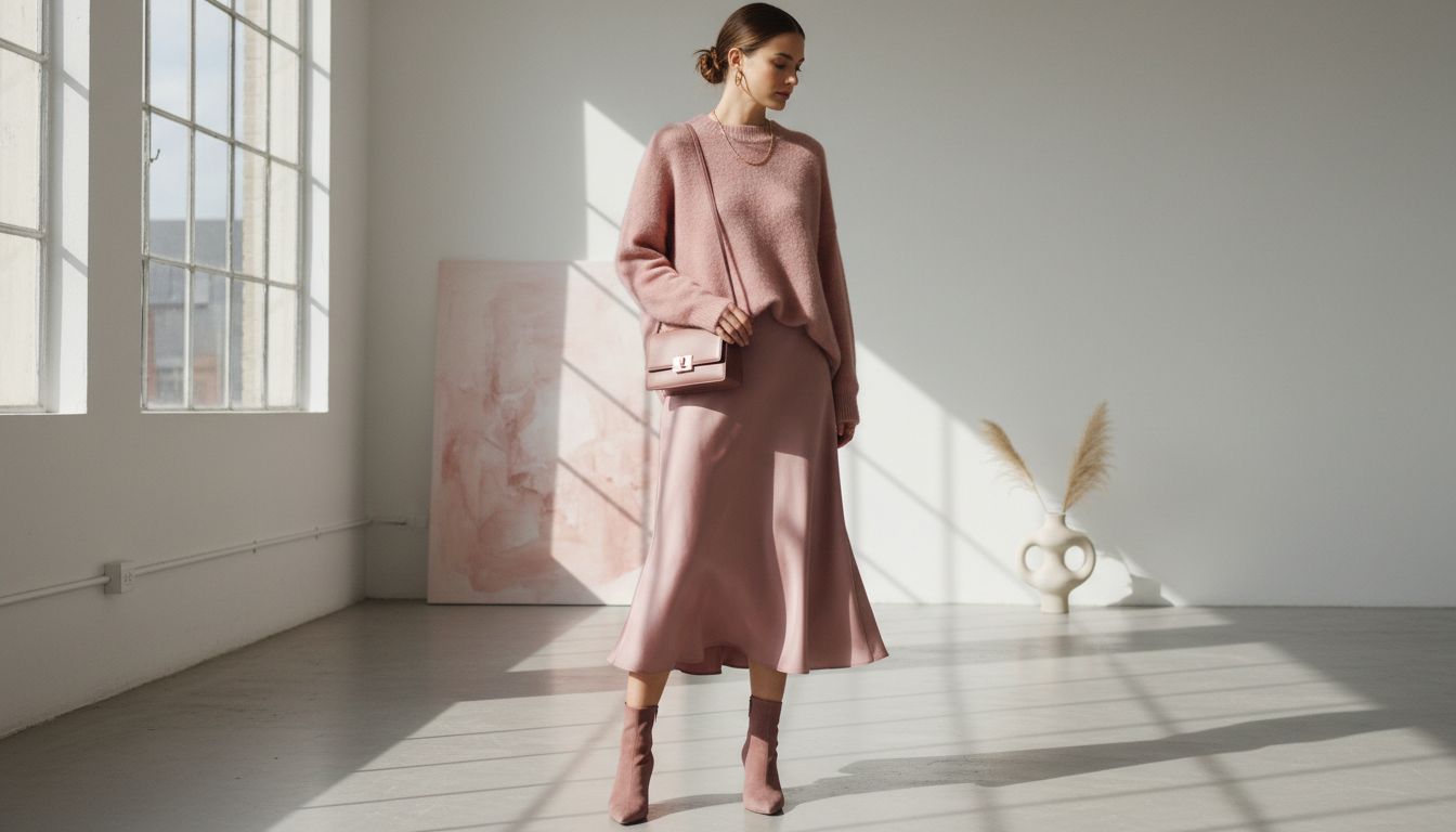 Идеальный монохромный образ: объемный свитер из ангоры и струящаяся юбка миди из плотного шелка, обе вещи оттенка Dusty Rose.