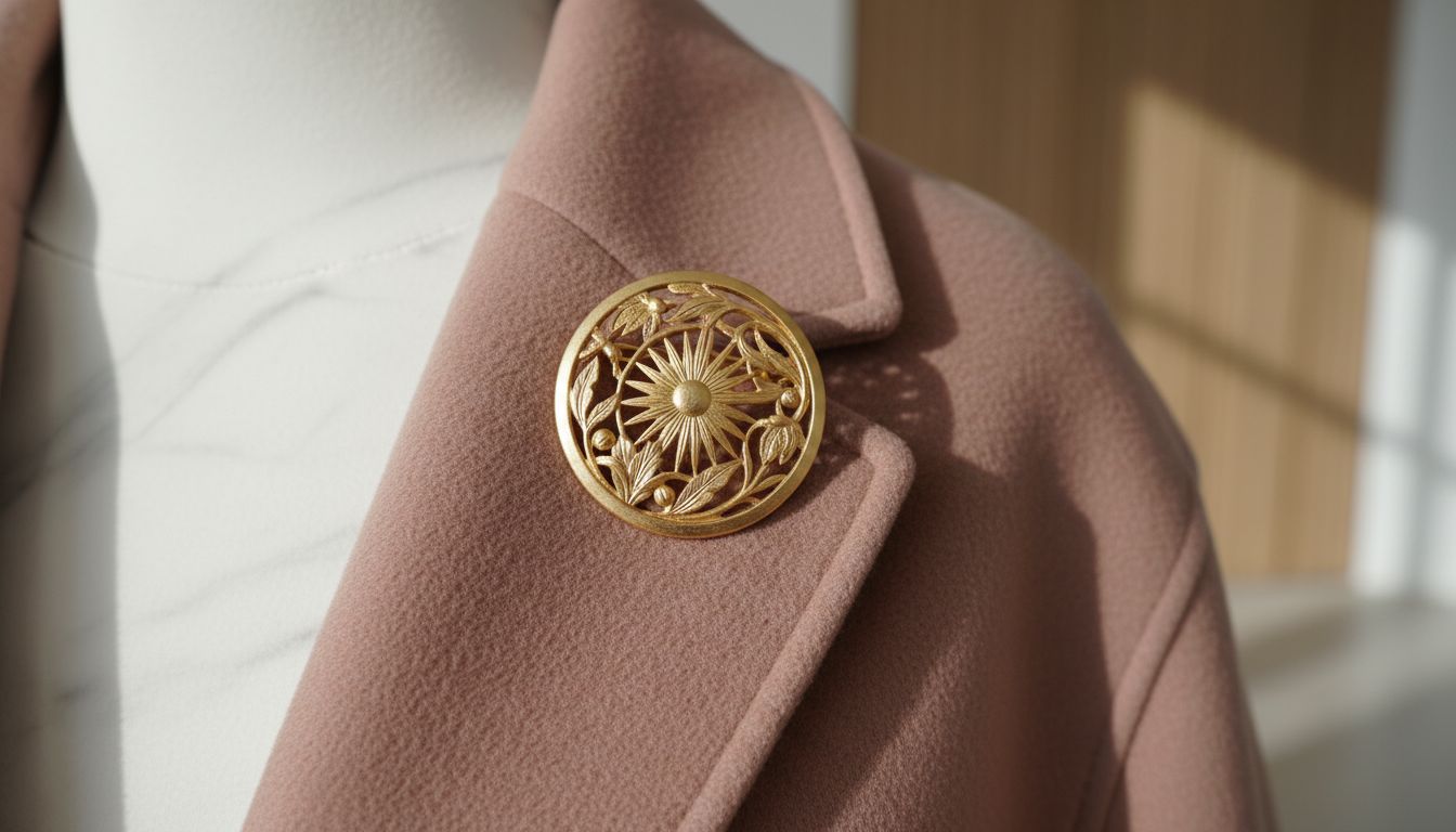 Аксессуары: крупная брошь из матового античного золота на воротнике пальто цвета пыльной розы.