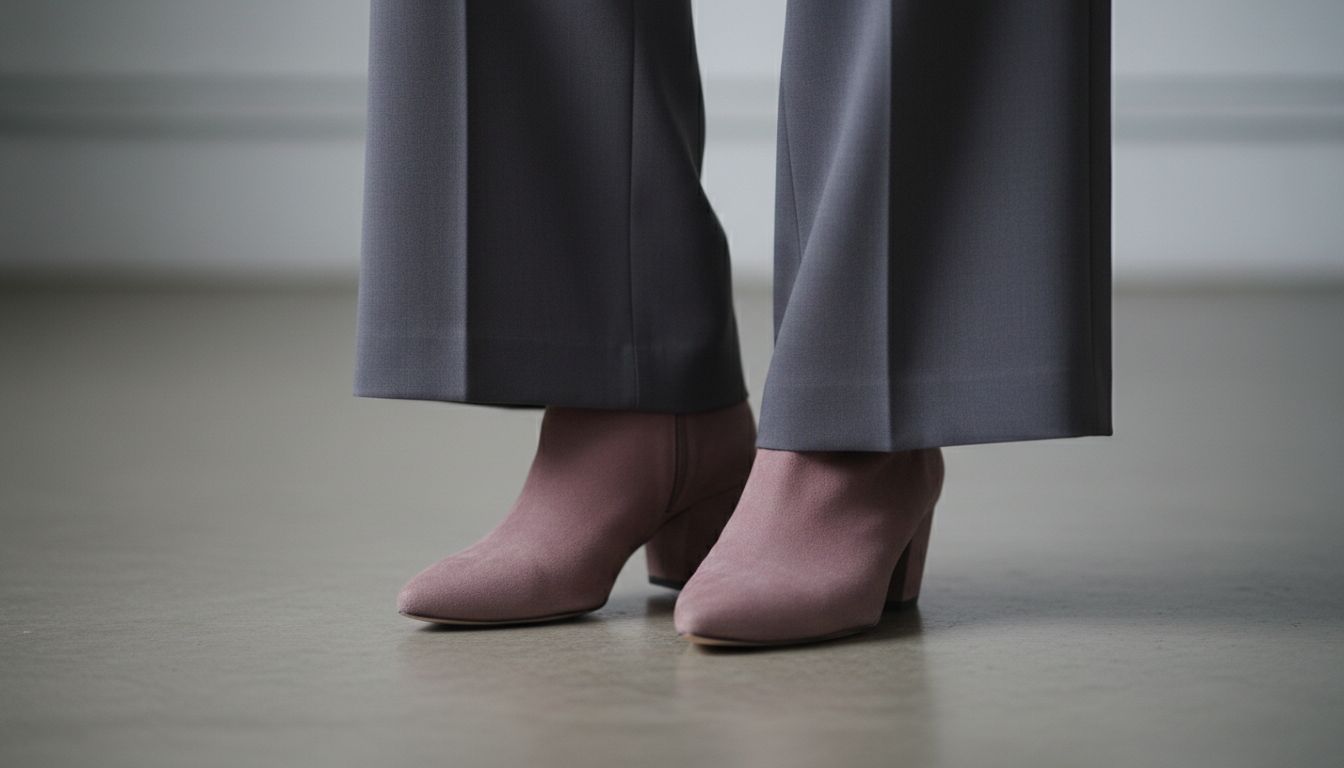 Детали: замшевые остроносые ботильоны цвета Mauve, выглядывающие из-под широких брюк угольно-серого цвета.