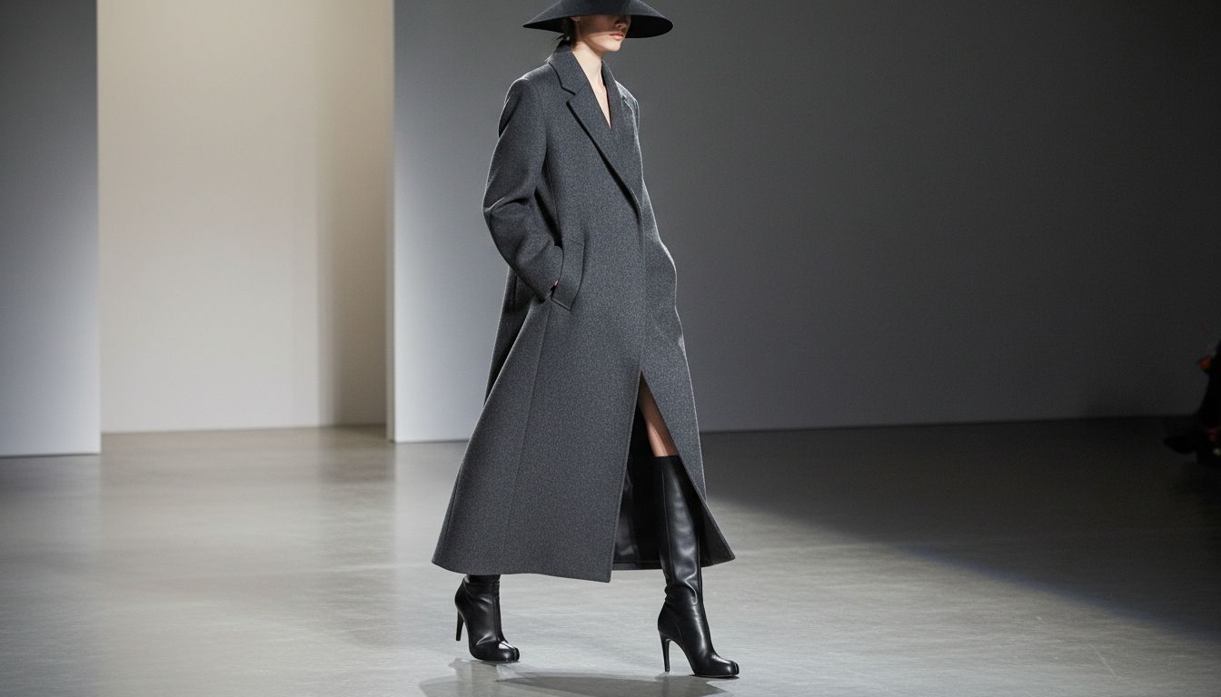 Кадр с подиума, где модель идет в высоком ботильоне Таби и длинном, строго скроенном пальто из плотной шерсти.