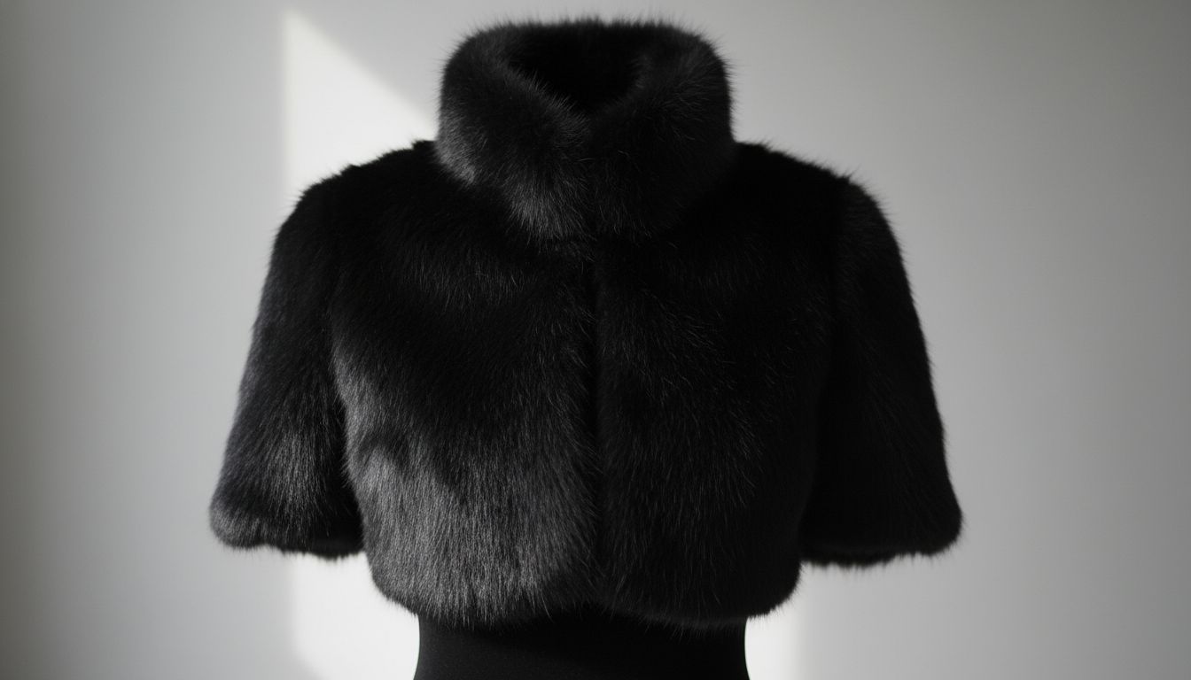 Крупный план облегающего шрага из черного искусственного меха с высоким воротником-стойкой, демонстрирующий плотность ворса.