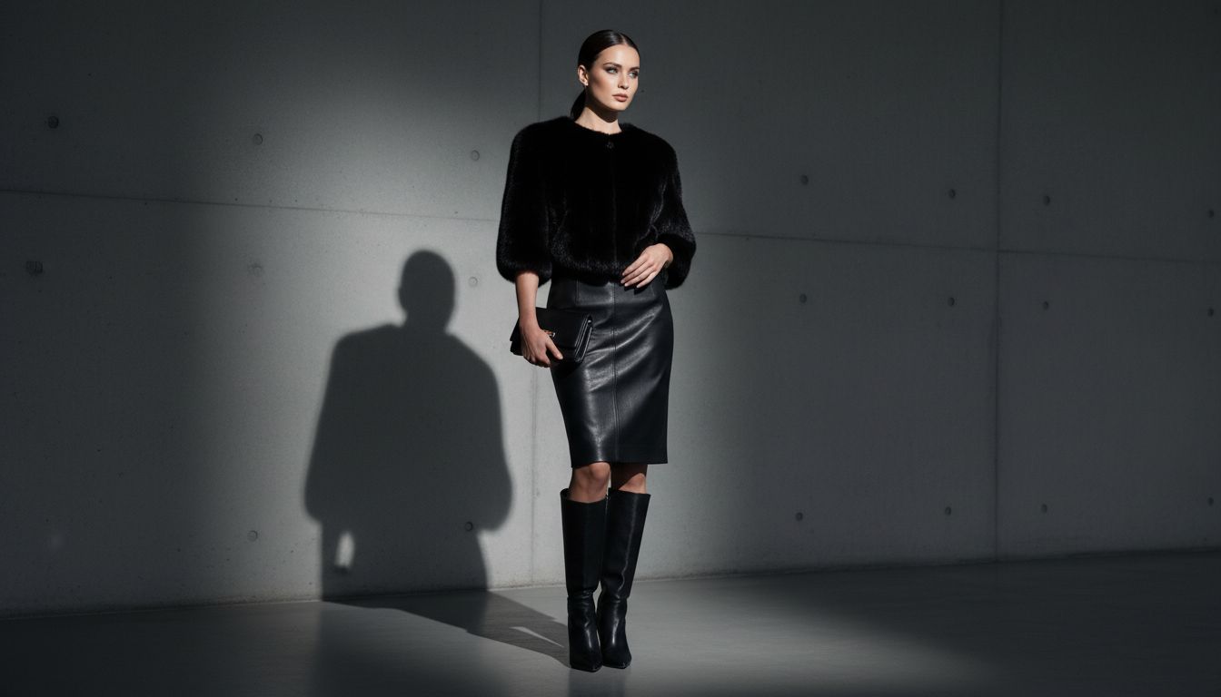 Стилизация: девушка в черном облегающем шраге из меха и черной кожаной юбке-карандаш. Образ дополнен высокими сапогами.