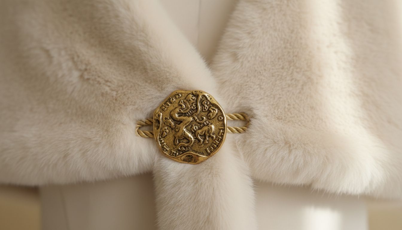 Деталь: крупная застежка на меховом шраге - скульптурная пуговица с античным золотом.