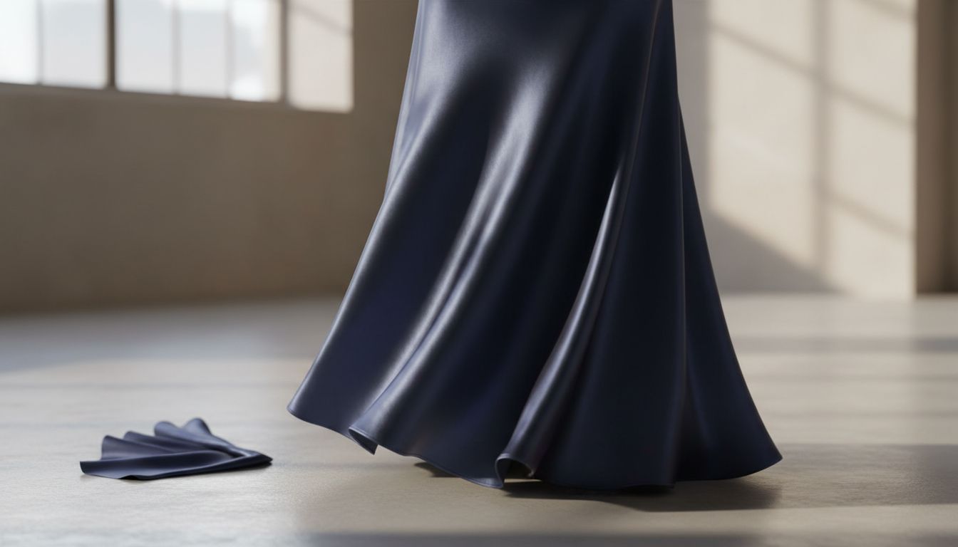 Детальный снимок юбки-макси из темно-синего жидкого атласа, демонстрирующий, как скошенный крой позволяет ткани мягко драпироваться и переливаться на свету.