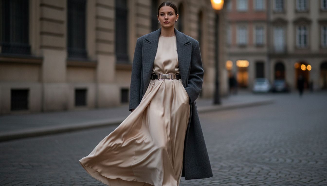 Женщина в длинной атласной юбке цвета шампань, с массивным металлическим ремнем на талии и строгим, но объемным пальто из плотной шерсти.