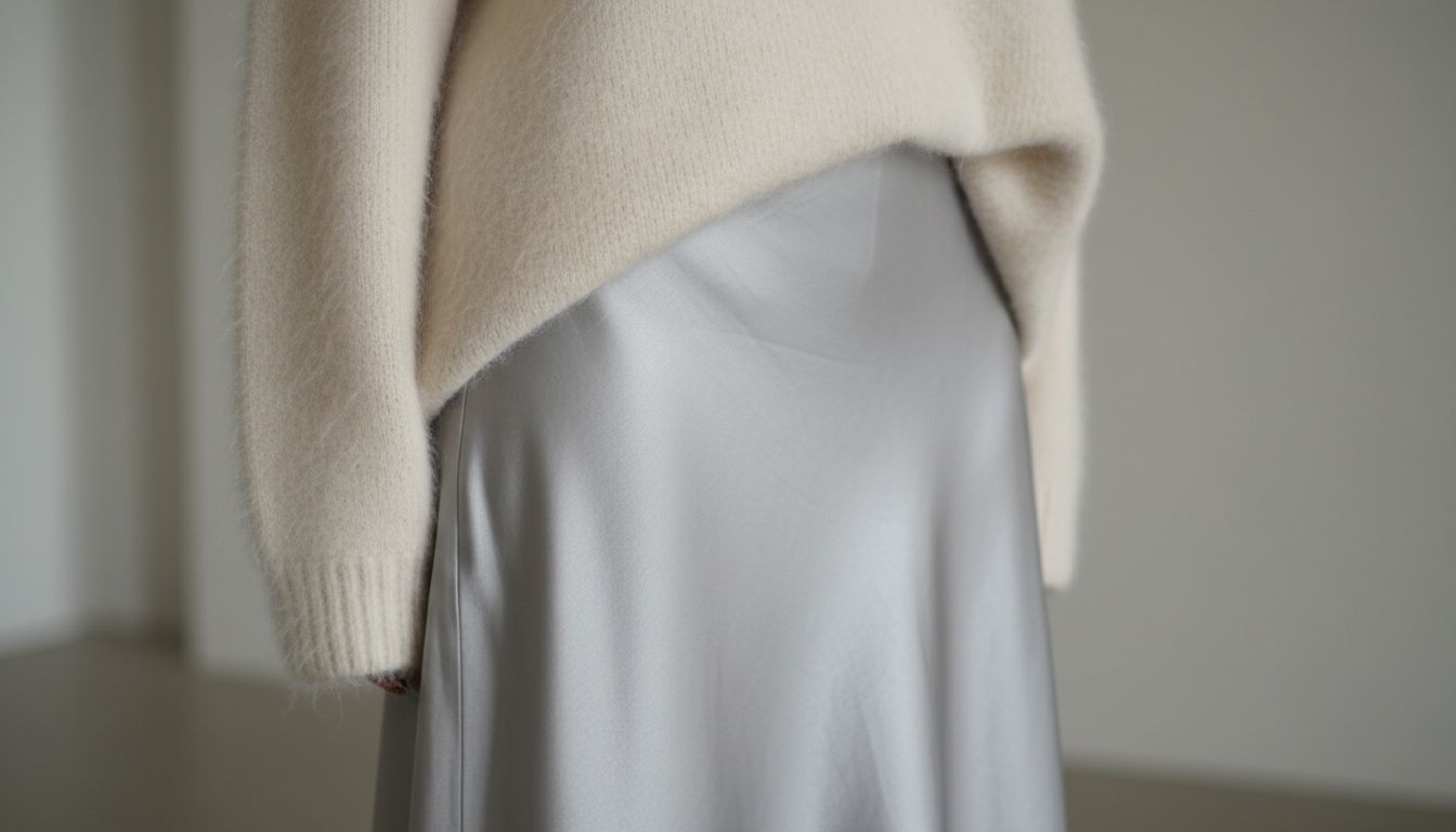 Крупный план: Сочетание рукава объемного, ворсистого свитера из мохера, наложенного на гладкую, блестящую поверхность юбки из жидкого атласа, подчеркивающее текстурный контраст.