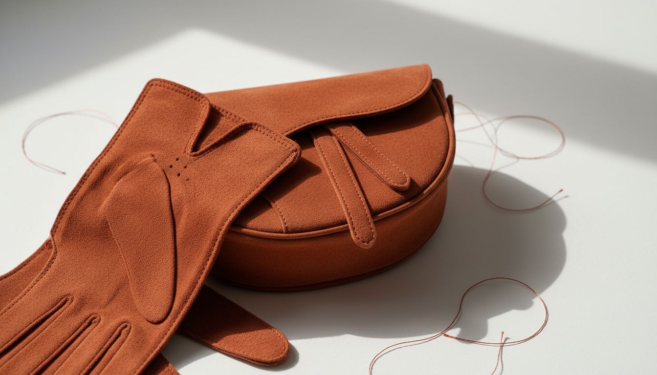 Крупный план текстуры замши глубокого терракотового оттенка, используемой для изготовления перчаток и небольшой сумки-седла.