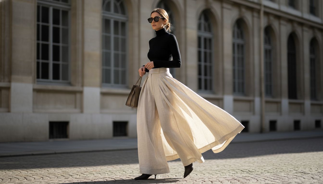 Женщина в брюках-палаццо с глубокими защипами, идущая по городу, демонстрируя динамику и движение складок.